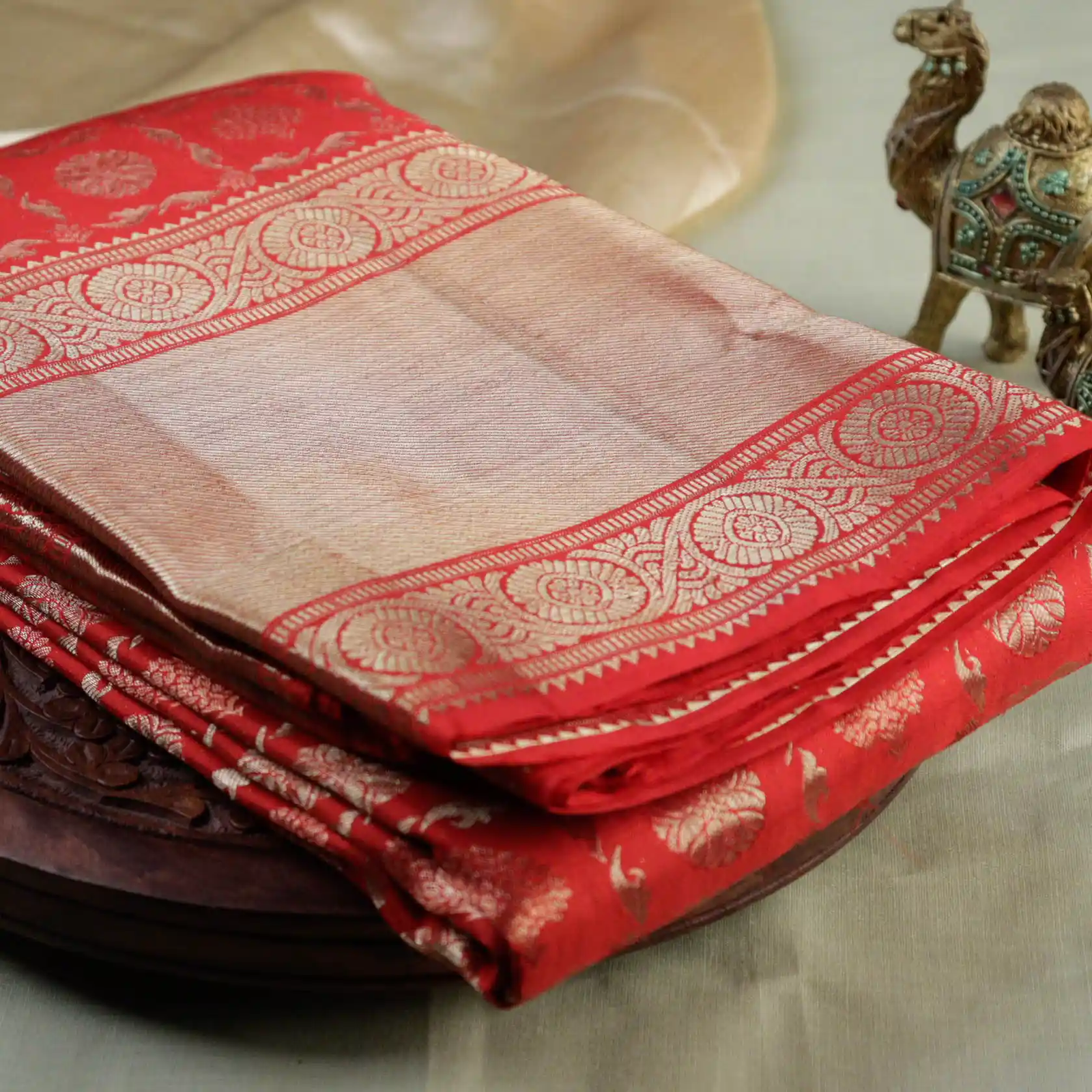 Red Bridal Kanchi Silk Saree with Ashrafi Butta Works