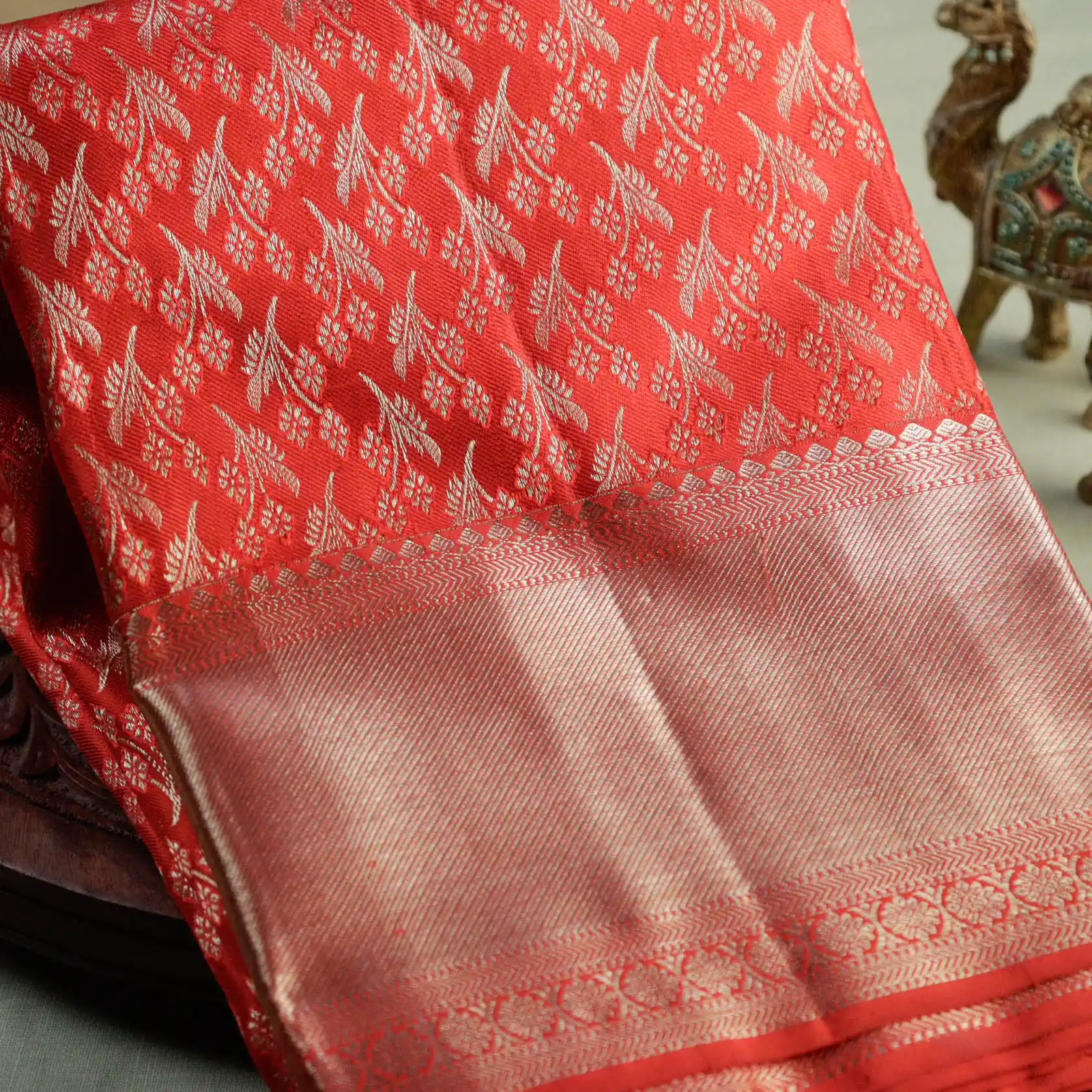 Red Bridal Kanchi Silk Saree with Floral Butta Works