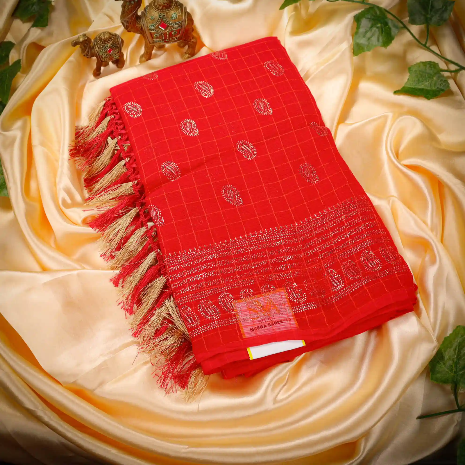 Checked Foil Print Georgette Saree with Tassel Knot