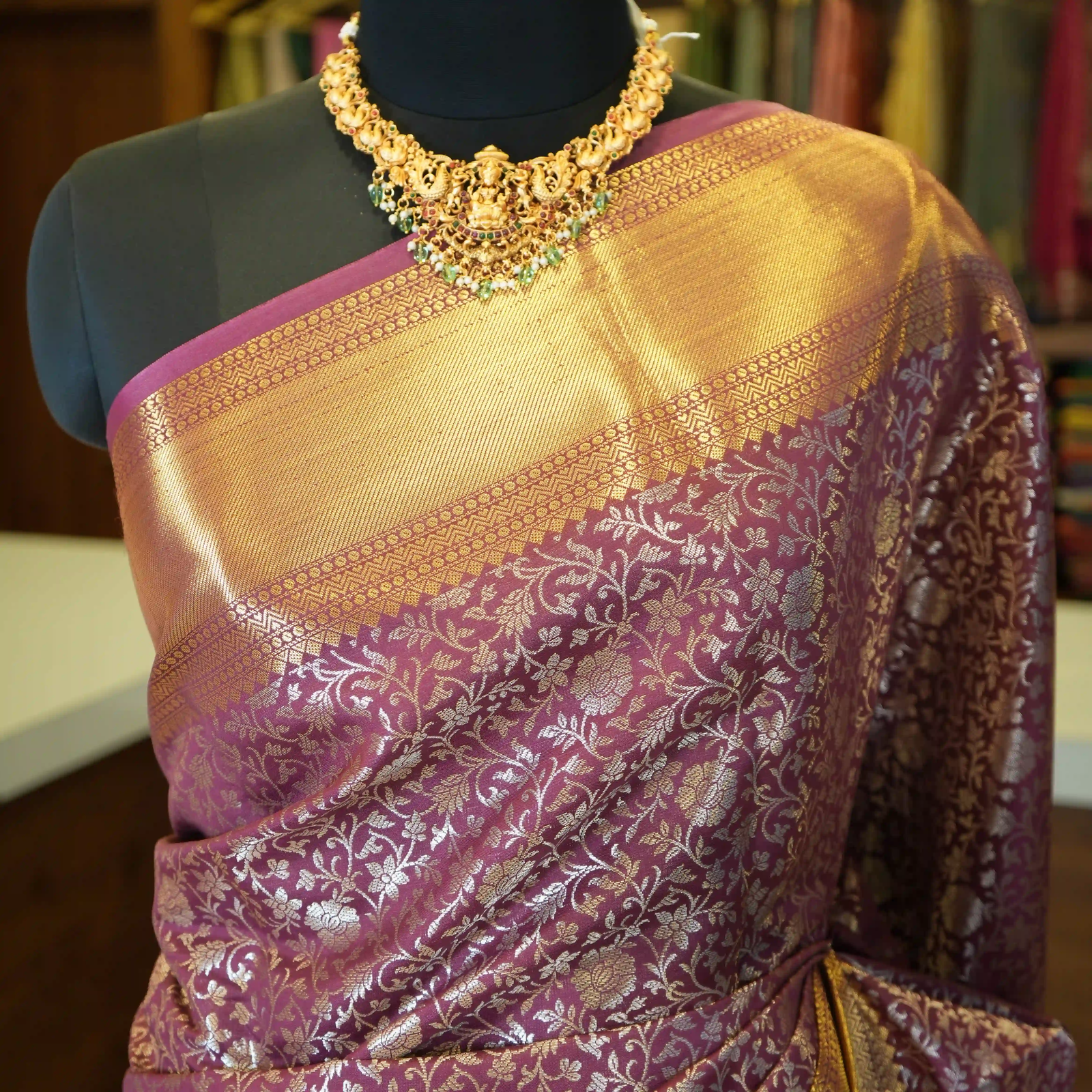 Chocolate Brown Semi Katan Silk Saree with Gold Zari Work