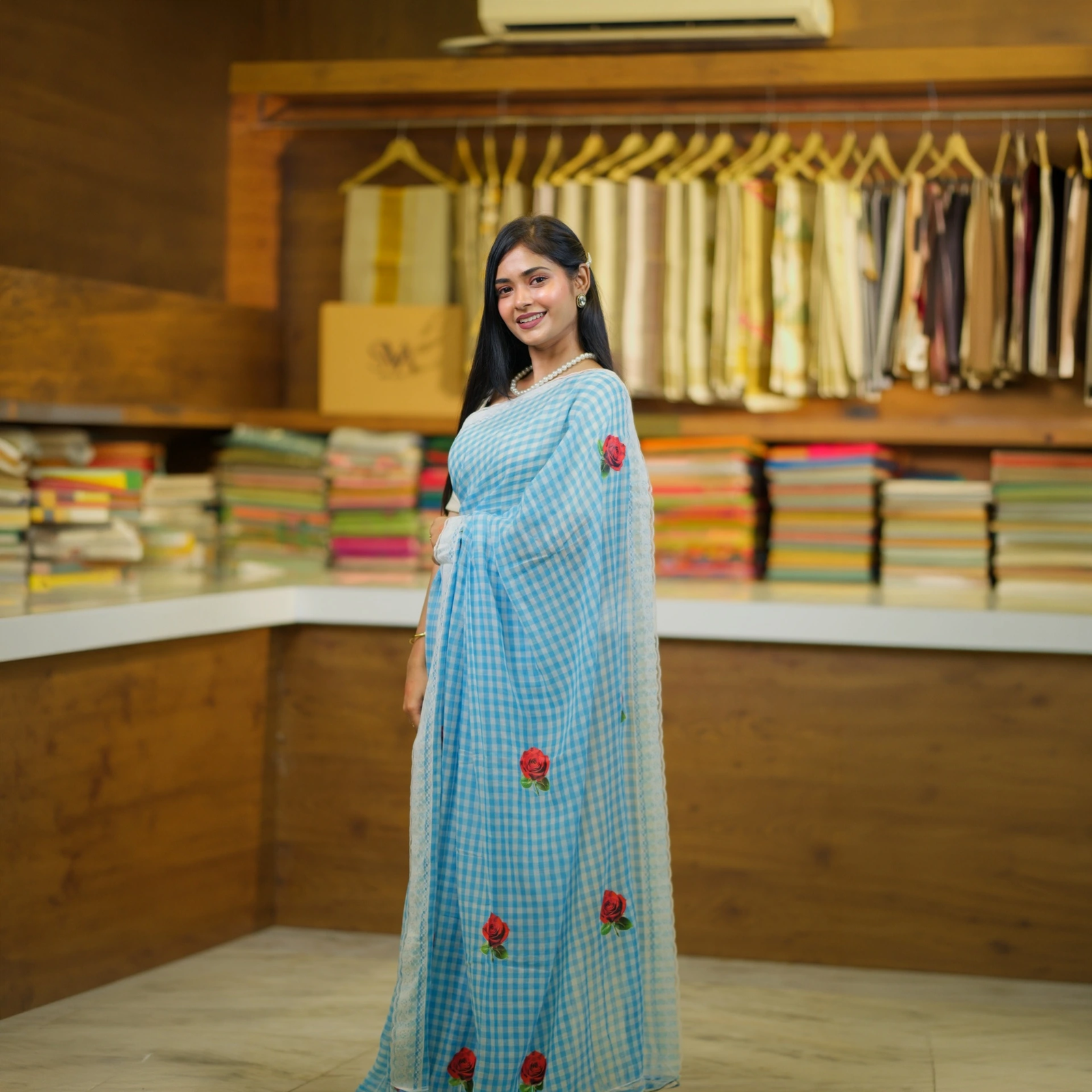 Checked Bengal Mul Mul Cotton Saree with Rose Butta